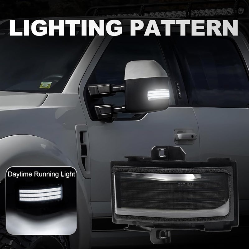 Aexploer Side Tow Mirror Turn Signal LED Lights Compatible with F150 2015-2025 for F250 F350 F450 2017-2025 White Daytime Running &Yellow Dynmaic Sequential Blink Turn Marker Lamp (Smoked Len) - Image 4